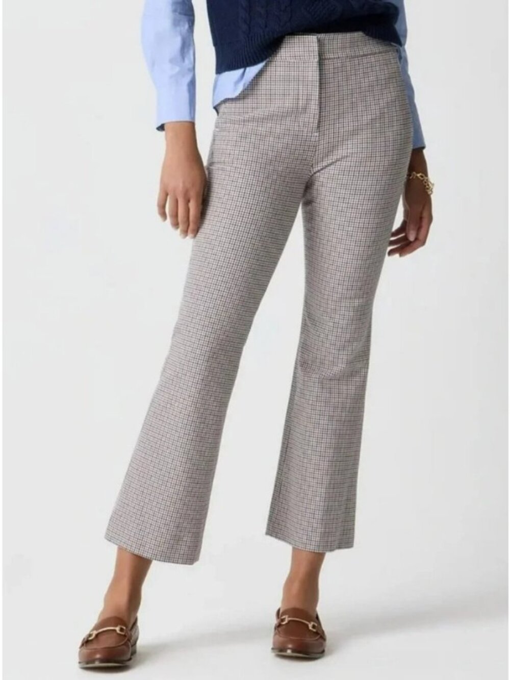 J. Crew Tan Blue Plaid Kelsey Crop Flare Pants, Size 10